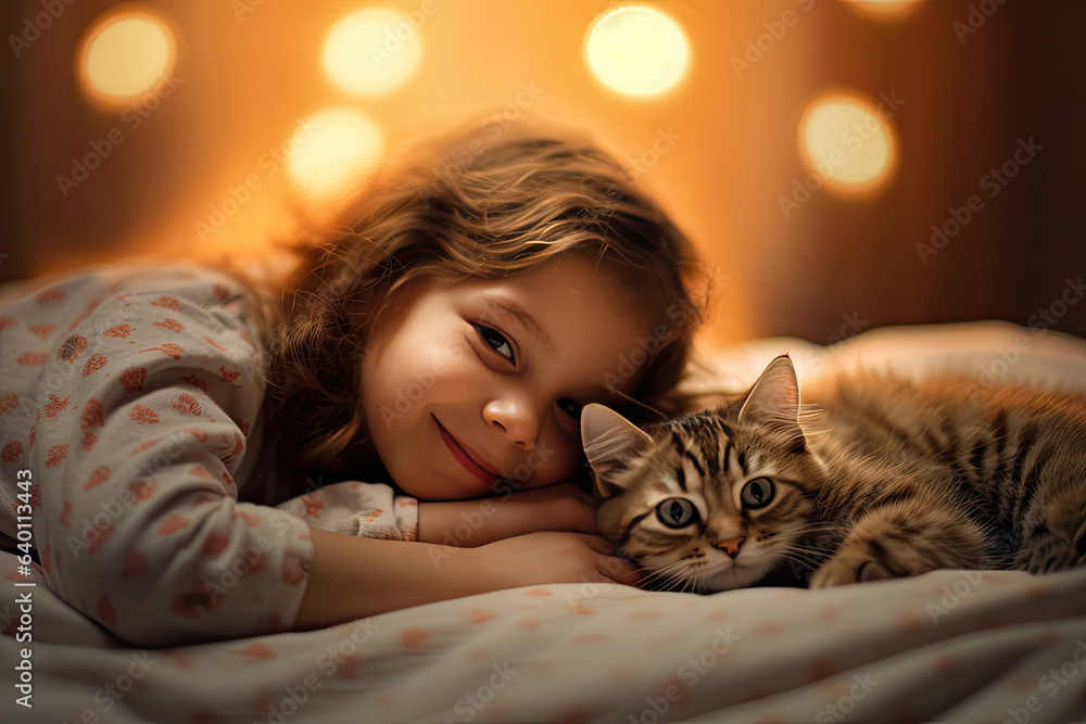 A Little girl relaxing on the bed with her kitten at home. Cheerful. Generative Ai