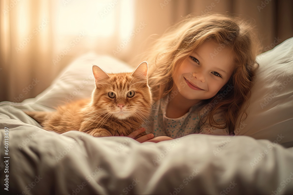 A Little girl relaxing on the bed with her kitten at home. Cheerful. Generative Ai