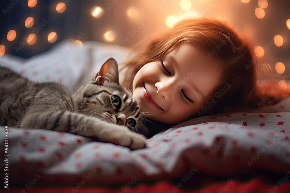 A Little girl relaxing on the bed with her kitten at home. Cheerful. Generative Ai