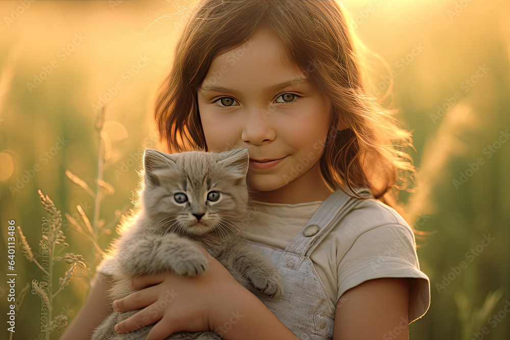 A little girl with a cat in the field in summer day together. Cute child with doggy pet portrait at 