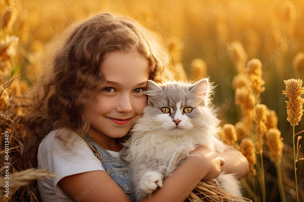 A little girl with a cat in the field in summer day together. Cute child with doggy pet portrait at 