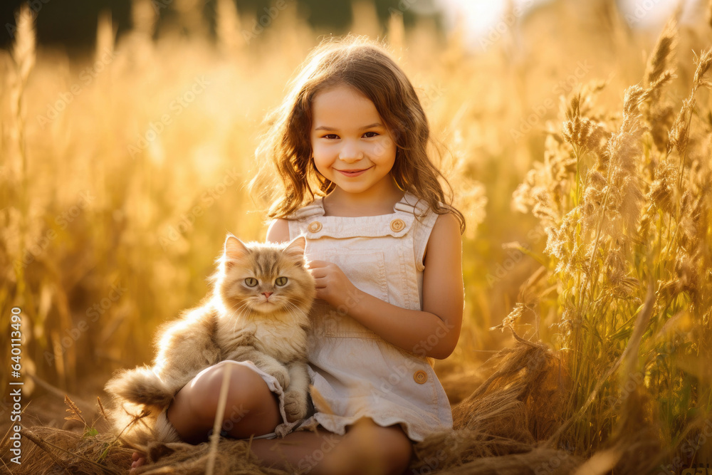 A little girl with a cat in the field in summer day together. Cute child with doggy pet portrait at 