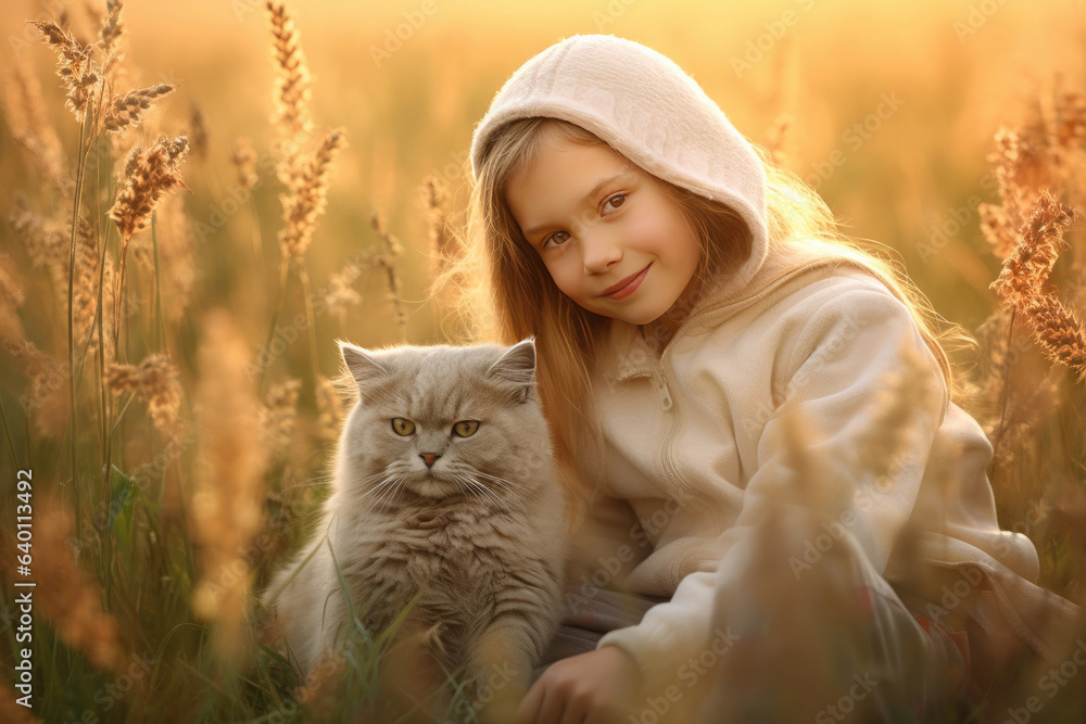 A little girl with a cat in the field in summer day together. Cute child with doggy pet portrait at 