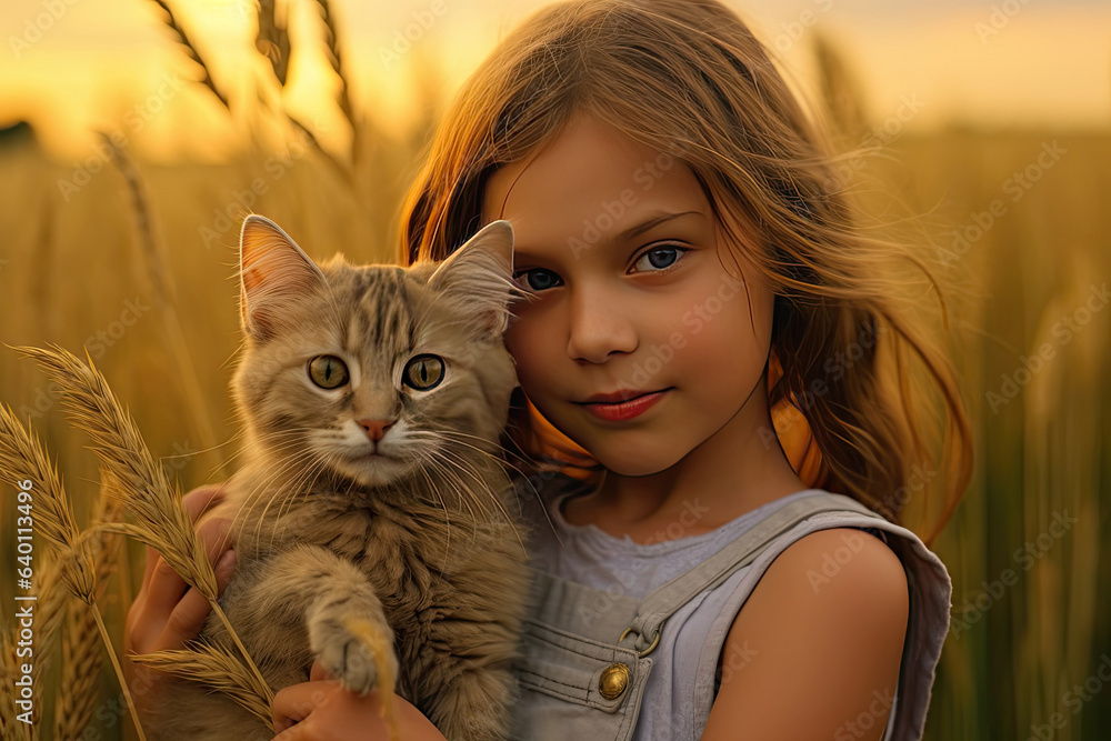 A little girl with a cat in the field in summer day together. Cute child with doggy pet portrait at 