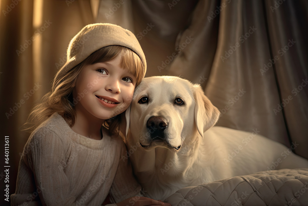 Cheerful of a child with a labrador at home. Generative Ai