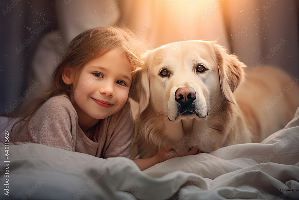 Cheerful of a child with a labrador at home. Generative Ai