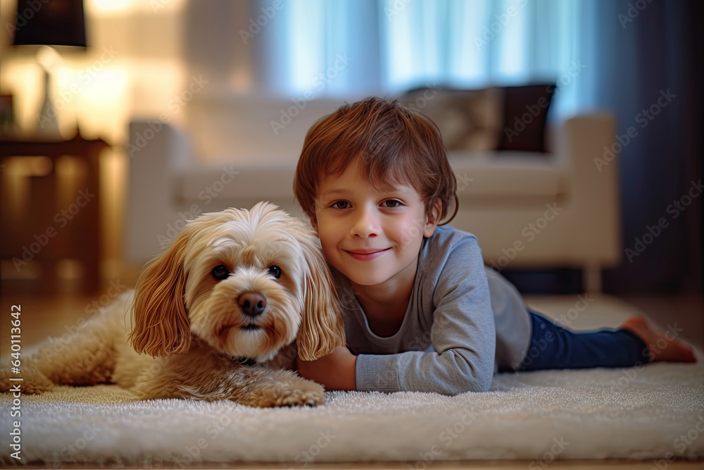 Cheerful of a child with the dog lying on the mat in the living room. Generative Ai