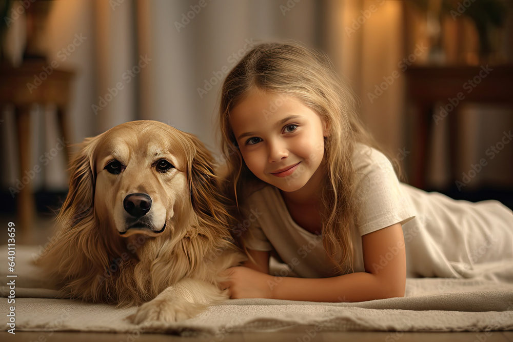 Cheerful of a child with the dog lying on the mat in the living room. Generative Ai