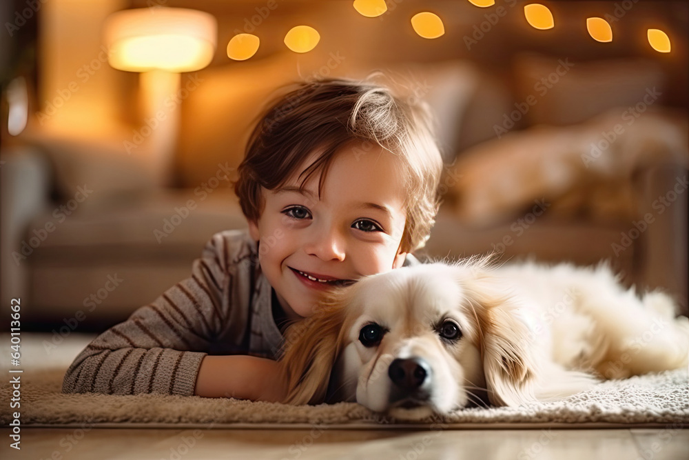 Cheerful of a child with the dog lying on the mat in the living room. Generative Ai