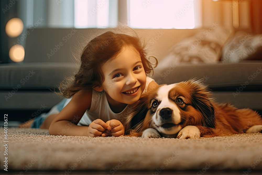 Cheerful of a child with the dog lying on the mat in the living room. Generative Ai