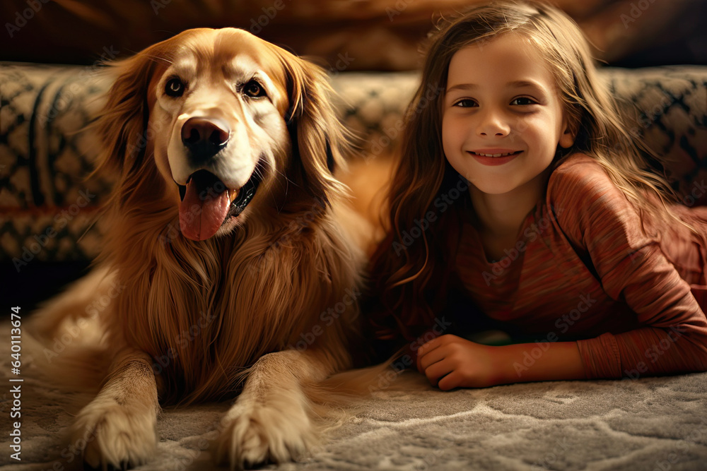 Cheerful of a child with the dog lying on the mat in the living room. Generative Ai