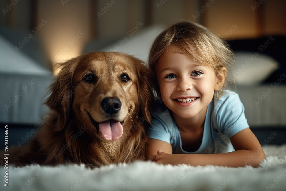 Cheerful of a child with the dog lying on the mat in the living room. Generative Ai