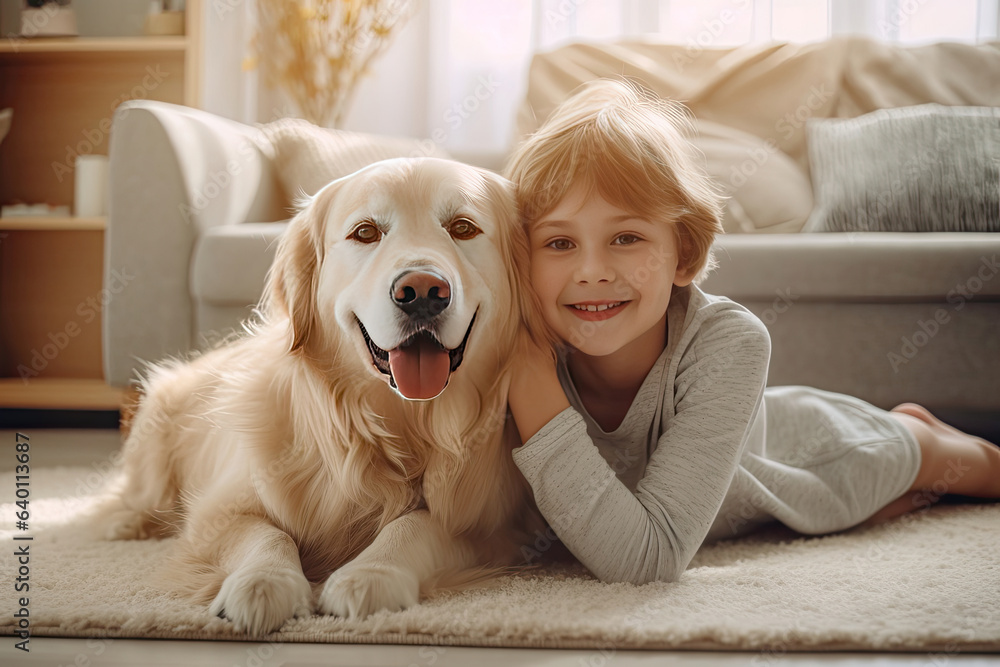 Cheerful of a child with the dog lying on the mat in the living room. Generative Ai