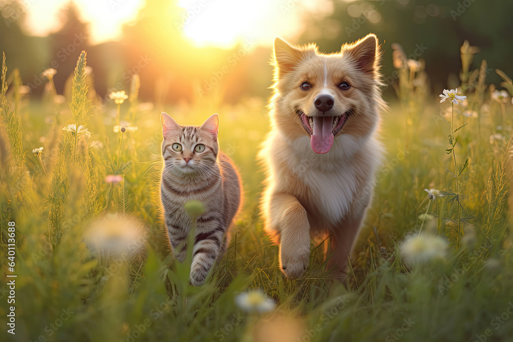 Cheerful of furry friends cat and dog walking in a summer meadow. Generative Ai