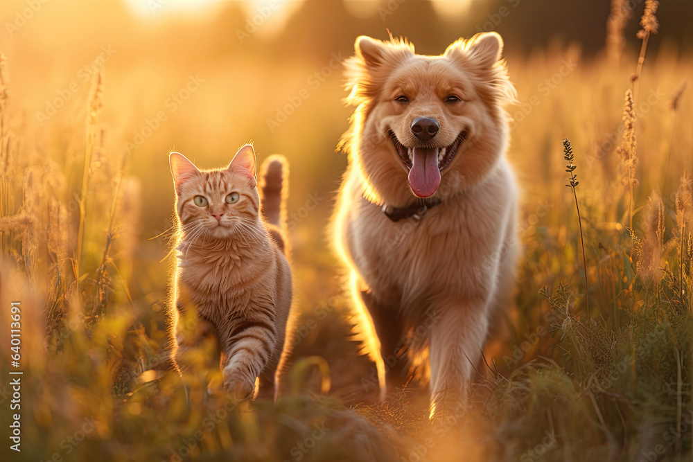 Cheerful of furry friends cat and dog walking in a summer meadow. Generative Ai