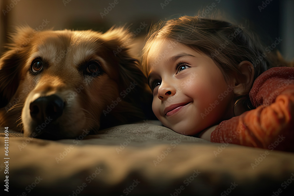 Cheerful of a child with the dog lying on the mat in the living room. Generative Ai