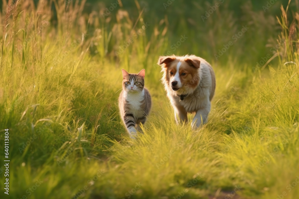 Furry friends cat and dog walking in a summer meadow. Generative Ai