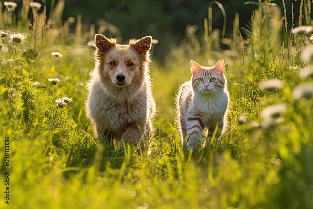 Furry friends cat and dog walking in a summer meadow. Generative Ai