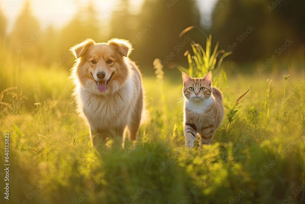 Furry friends cat and dog walking in a summer meadow. Generative Ai