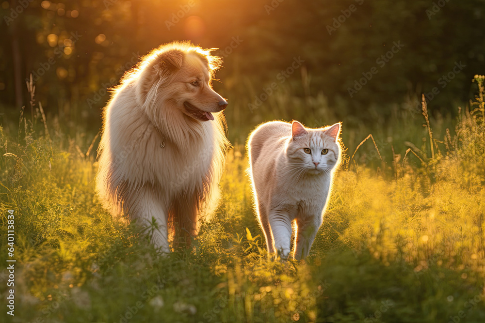 Furry friends cat and dog walking in a summer meadow. Generative Ai