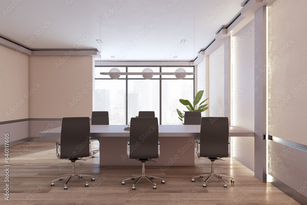 Modern stylish meeting room interior with window and city view, furniture and equipment, wooden floo