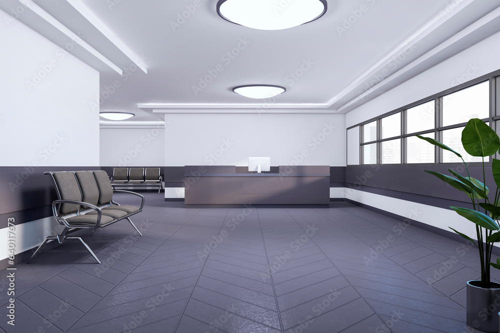 Waiting area in bright interior with concrete flooring, seats and plants. 3D Rendering.