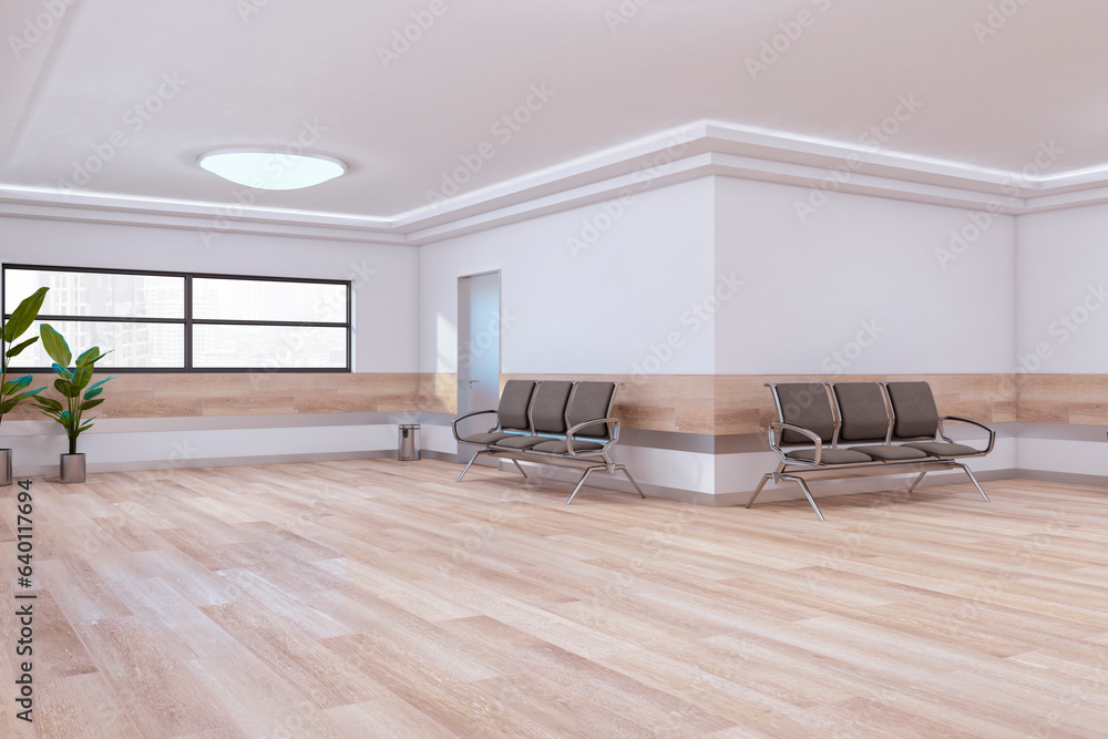 Waiting area in contemporary interior with wooden flooring, seats and plants. 3D Rendering.