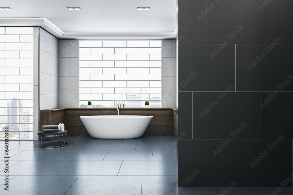 Modern bathroom interior with blank mock up place on wall, bathtub, abstract windows and reflections