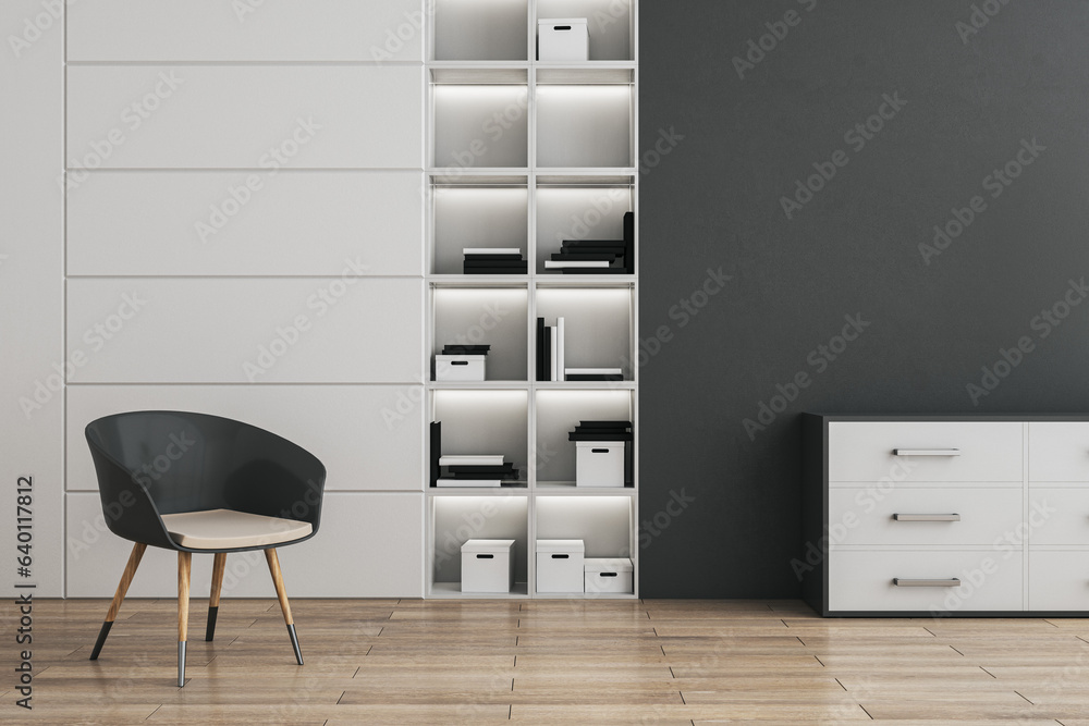 Contemporary concrete and wooden living room interior with bookcase, furniture and decorative items.