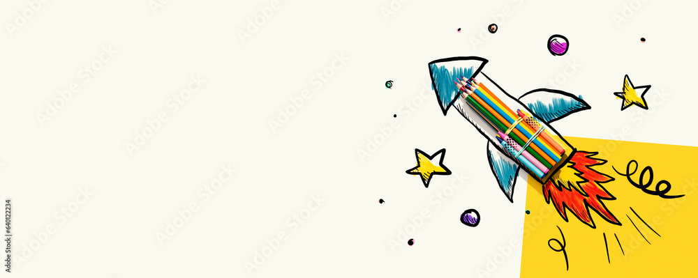 Back to school theme with hand drawn rocket and colored pencils