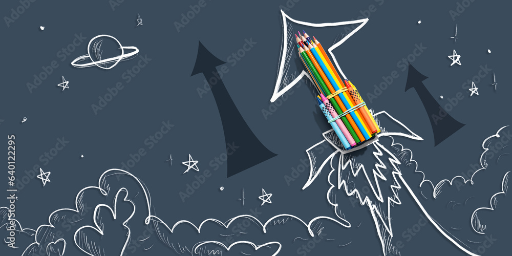 Back to school theme with hand drawn rocket and pencils - Flat lay