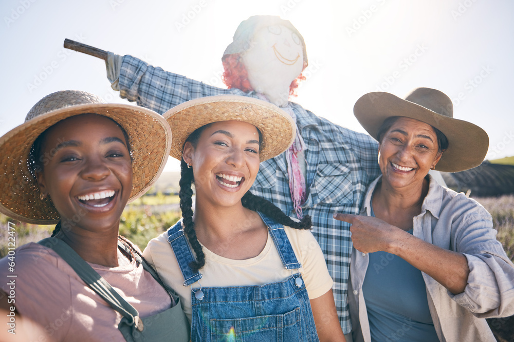 Farmer, women and selfie in countryside with comedy and scarecrow outdoor with a smile. Diversity, w