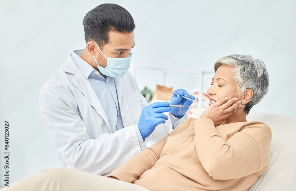 Senior woman, dentist and toothache with healthcare, cleaning and dental work at clinic. Elderly pat