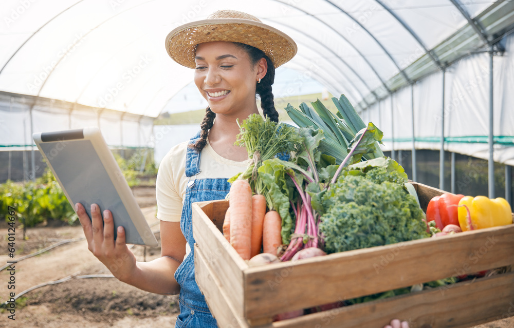 Farmer, tablet and vegetables box for agriculture, sustainability and farming in greenhouse or agro 