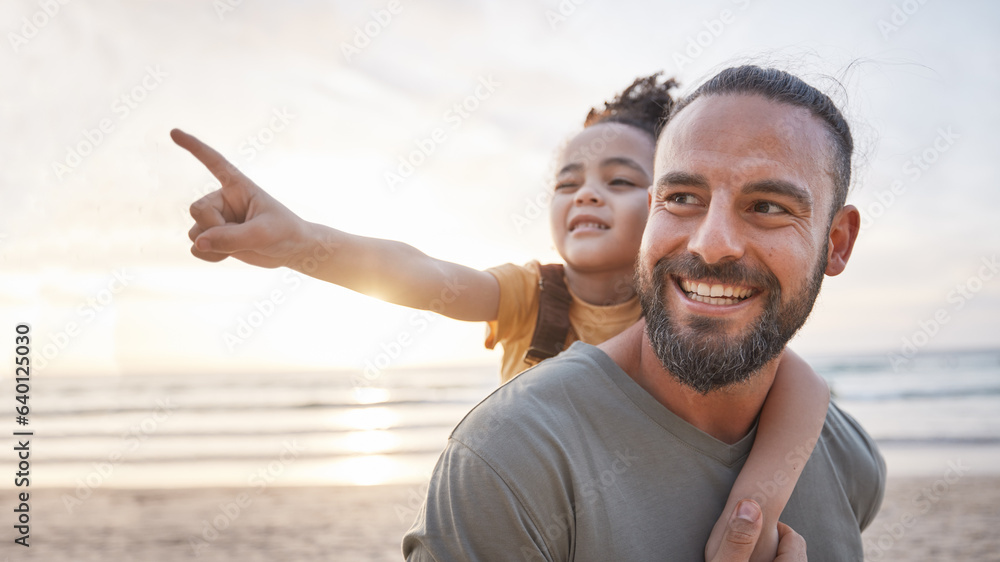 Beach, sunset and father carrying his child for a walk on a family summer vacation or holiday. Adven