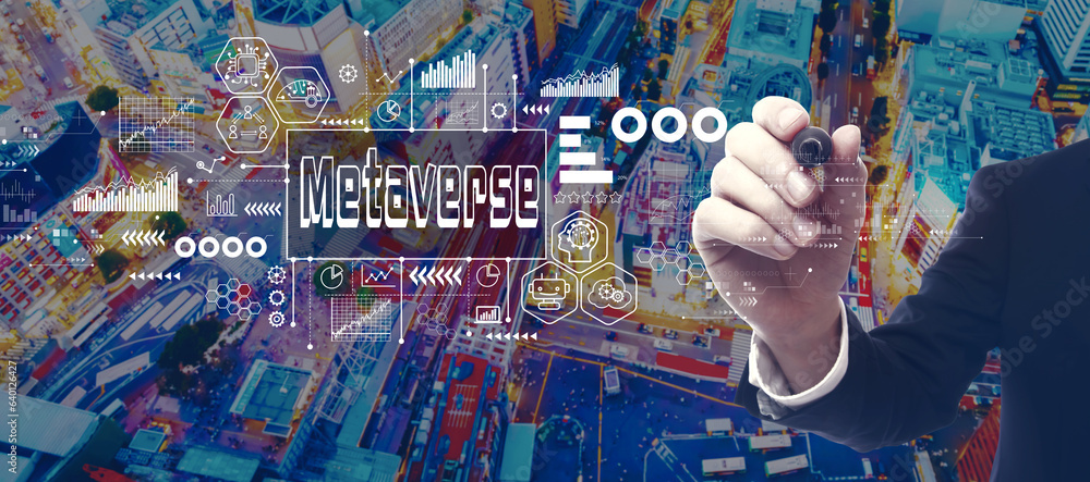 Metaverse theme with businessman in a city at night