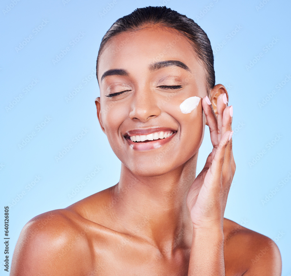 Skincare, cream and smile with woman and sunscreen in studio for beauty, facial or moisturizer. Spa 