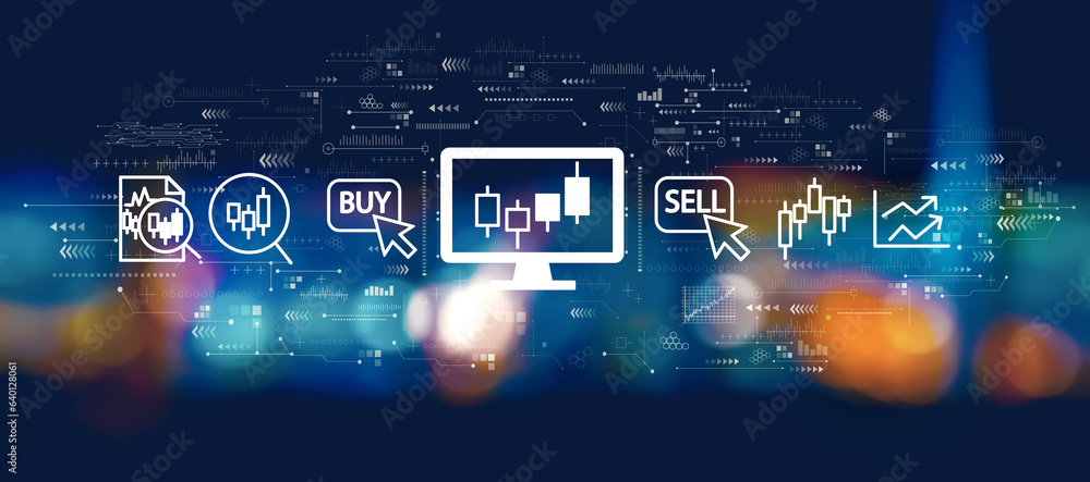 Stock trading theme with blurred city lights at night