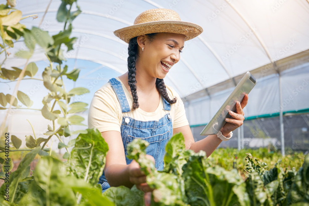 Farmer, happy woman and tablet in greenhouse, agro business results and vegetables or agriculture e 