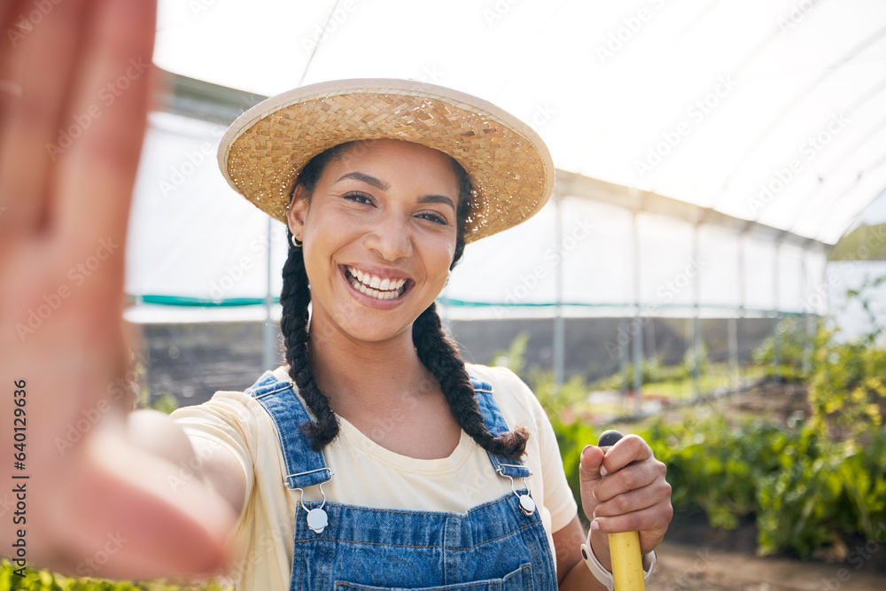 Selfie, happy and farmer woman in a greenhouse for agriculture or sustainability in the harvest seas