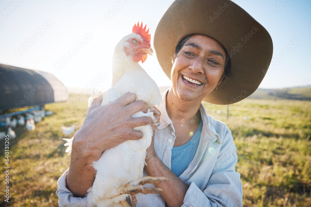 Chicken, woman and smile in field, nature, countryside for farming, agriculture and sustainability. 