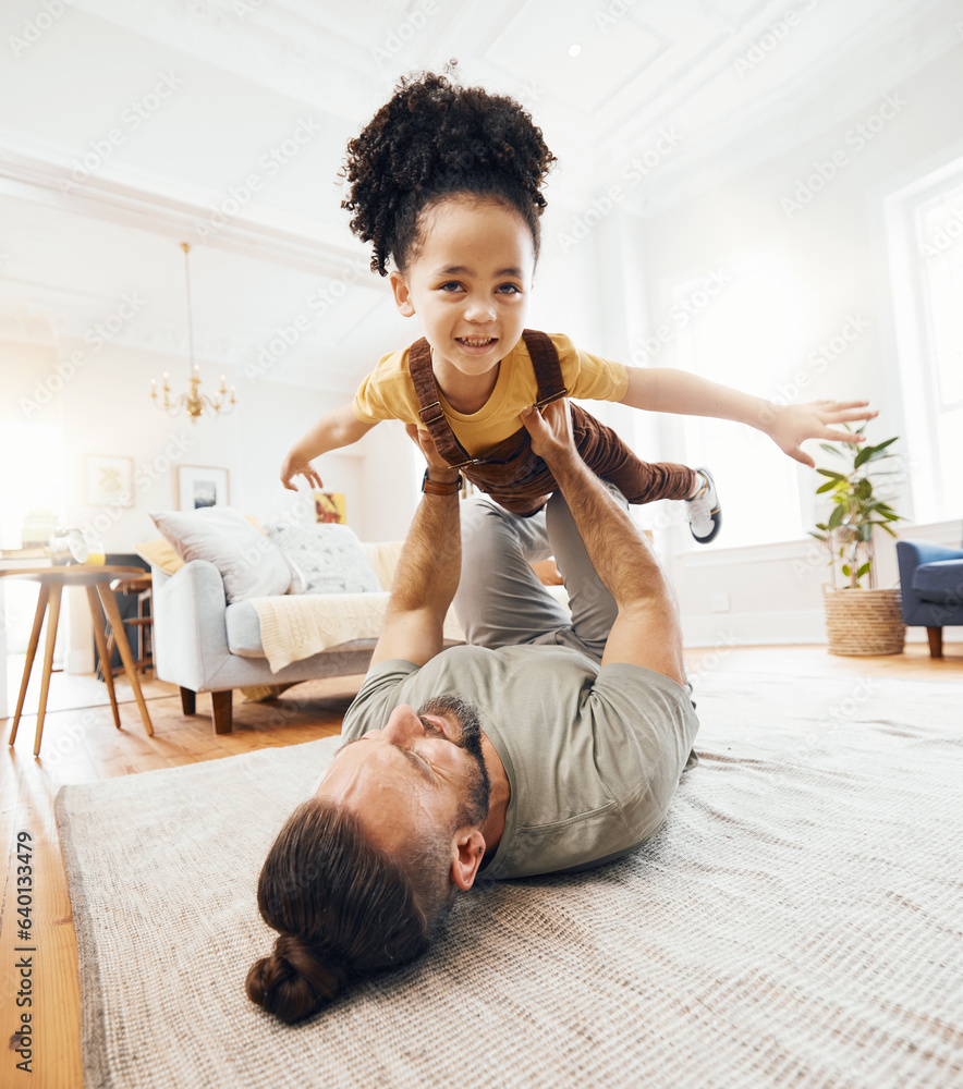 Father, child and airplane game on floor, playing and excited with care, love and lift in air, livin