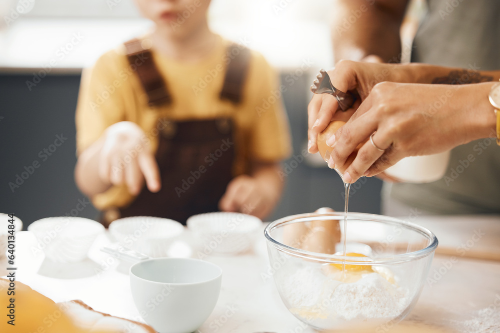 Hands, crack egg and cooking in kitchen on bowl on table with family in home. Food, bakery and break