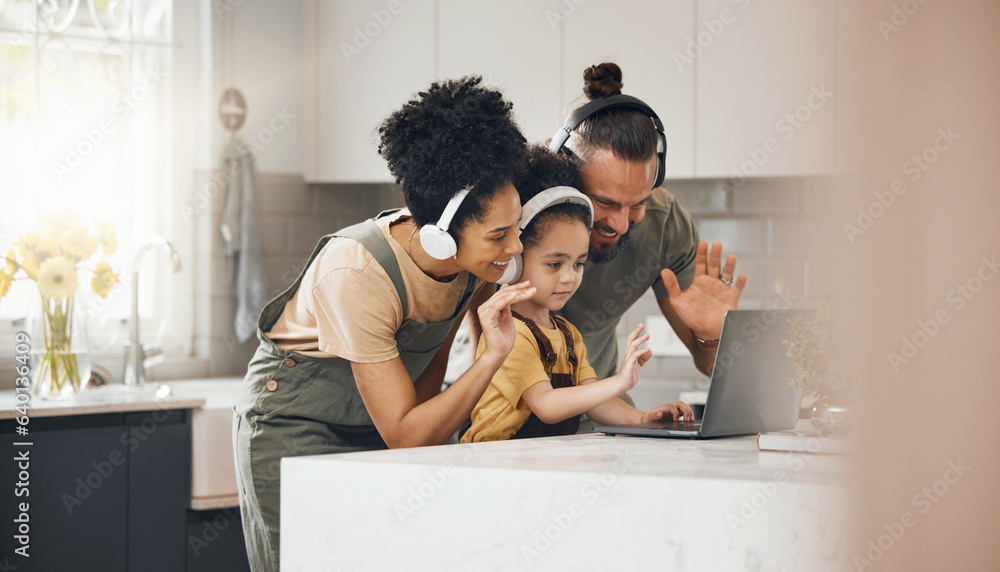 Interracial parents, kid and video call with laptop, headphones and wave hello with smile in kitchen