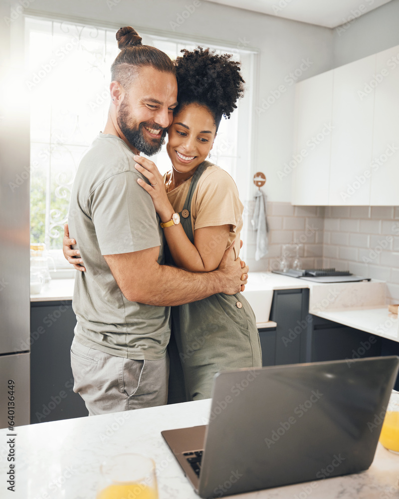 Couple, laptop and hug in home kitchen for influencer post, social media or streaming connection. In