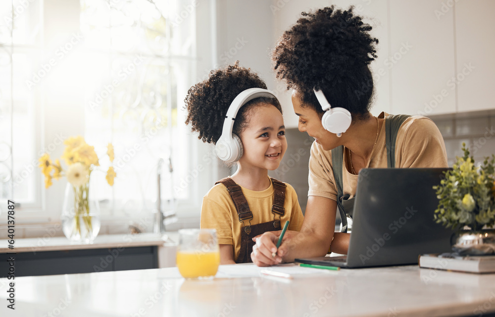 Online education, mother and child in home with headphones, laptop and homework for virtual class. C