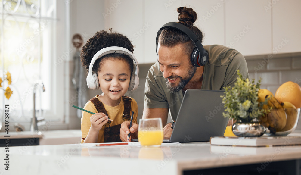 Elearning, dad and child in home with headphones, laptop and homework for online class. Computer, fa