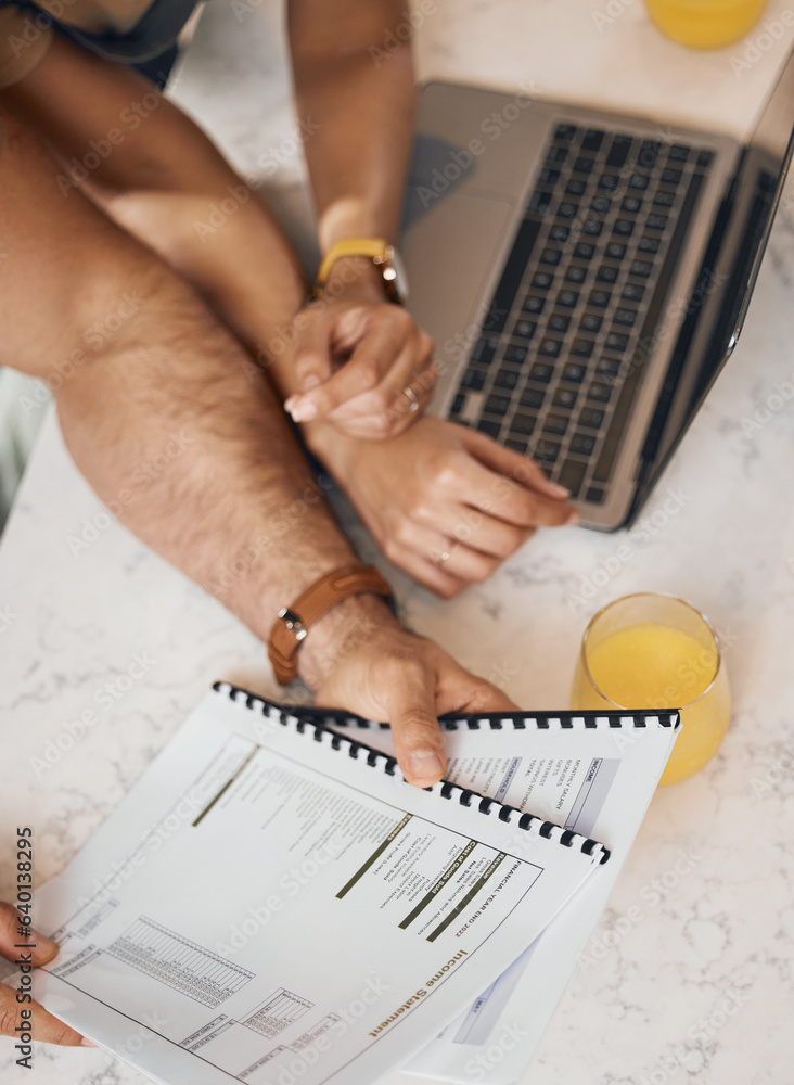 Hands, documents and laptop with a couple in the kitchen to budget for finance, investment or saving