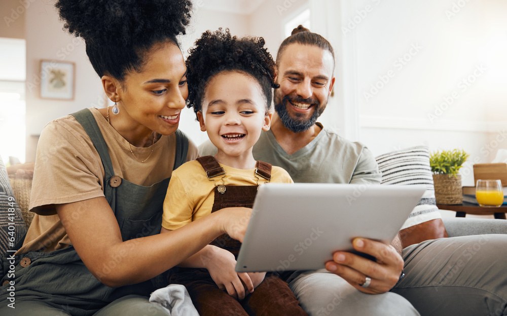 Family, tablet and parents with child relax on couch, bonding and happy streaming together at home. 