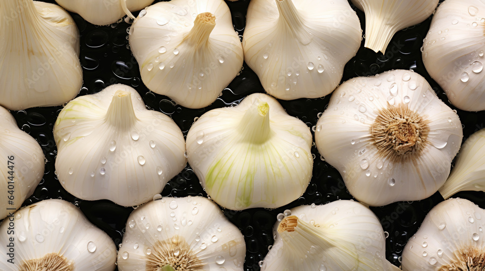 Fresh garlic with water drops background. Vegetables backdrop. Generative AI